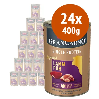 Confezione da 24 lattine da 400 g ciascuna di GranCarno Single Protein Supreme Lamm Pur, indicato sulla confezione: 100% fresche ingredienti, 1 fonte proteica, senza cereali e glutine. Confezione da 24 lattine da 400 g ciascuna di GranCarno Single Protein Supreme Lamm Pur, indicato sulla confezione: 100% fresche ingredienti, 1 fonte proteica, senza cereali e glutine.