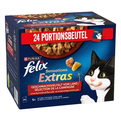 Purina Felix Sensations Extras, 24 saszetki, różnorodność smaków z kraju z wołowiną, indykiem, kurczakiem, jagnięciną. 6x każda odmiana. Purina Felix Sensations Extras, 24 saszetki, różnorodność smaków z kraju z wołowiną, indykiem, kurczakiem, jagnięciną. 6x każda odmiana.