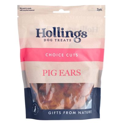 Hollings dog treats, choice cuts pig ears, gifts from nature. Pack states it is made with recycled material.