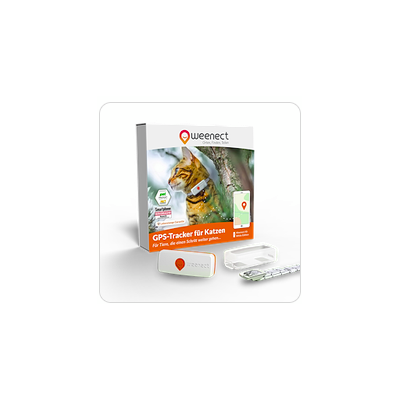 Weenect GPS tracker pro kočky, na obalu je zobrazen tracker, nabíjecí stanice a SIM karta. Text: Pro zvířata, která jdou o krok dál.