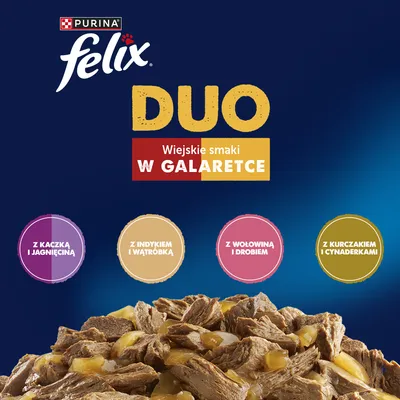 Purina Felix DUO, wiejskie smaki w galarecie: z kaczką i jagnięciną, z indykiem i wątróbką, z wołowiną i drobiem, z kurczakiem i nerkami.