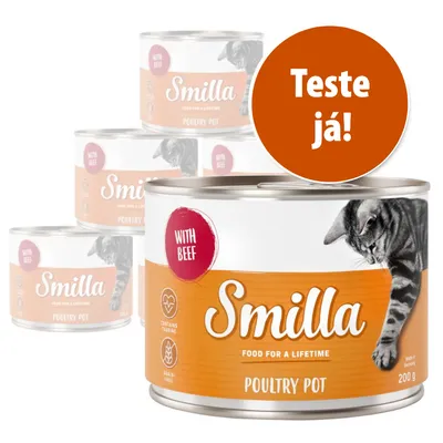 Lata de comida para gatos Smilla Poultry Pot 200 g, com texto visível: 'WITH BEEF', 'CONTAINS TAURINE', 'GRAIN-FREE' e círculo laranja com 'Teste já!'.