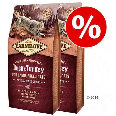 Carnilove into the Wild Duck & Turkey for Large Breed Cats, grain-free, potato-free. Actie met procentteken zichtbaar op de verpakking.