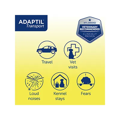 Adaptil Transport helps with travel, vet visits, loud noises, kennel stays and fears. Veterinary recommended and clinically proven.