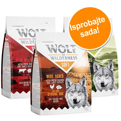 Wolf of Wilderness Soft suha hrana za pse, pakiranja od 1 kg, varijante Wide Acres i High Valley, natpis 'Isprobajte sada!' na narančastom krugu.