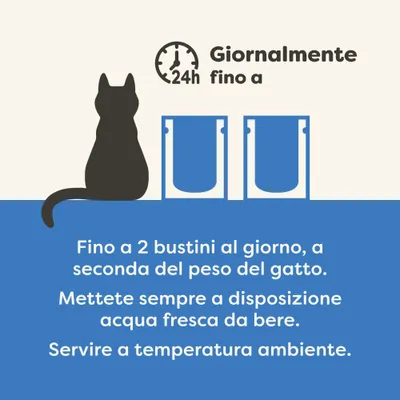 Razioni consigliate: fino a 2 bustine quotidianamente a seconda del peso, lasciare sempre acqua fresca a disposizione, servire a temperatura ambiente. Razioni consigliate: fino a 2 bustine quotidianamente a seconda del peso, lasciare sempre acqua fresca a disposizione, servire a temperatura ambiente.