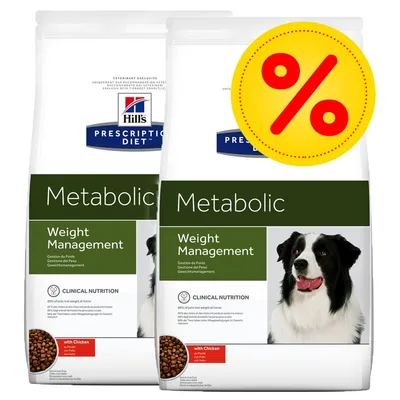 Hill's Prescription Diet Metabolic Weight Management con pollo, pack de 2 sacos. Imagen de perro en el envase y símbolo de porcentaje en círculo amarillo.