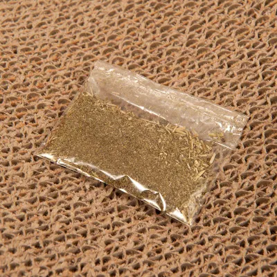 Kleines Plastikbeutel mit getrocknetem Kräutermaterial auf einer strukturierten Oberfläche.
