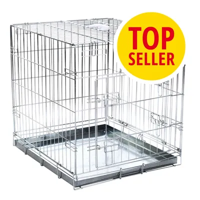 Jaula metálica rectangular con puerta frontal y base extraíble. Etiqueta visible: TOP SELLER en círculo amarillo. Jaula metálica rectangular con puerta frontal y base extraíble. Etiqueta visible: TOP SELLER en círculo amarillo.