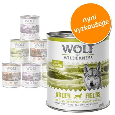 Konzervy Wolf of Wilderness, různé varianty: Green Fields, Oak Woods, Wild Hills. Velká konzerva 800 g s nápisem '100% grain-free'. Oranžový kruh s textem 'nyní vyzkoušejte'.