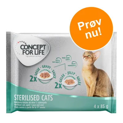 CONCEPT FOR LIFE Sterilised Cats, 4 x 85 g. 2 x sovs, 2 x gelé. Prøv nu! Synlig kattebillede på emballagen. Tekst: Urinary tract support, Body weight control, Muscle maintenance.