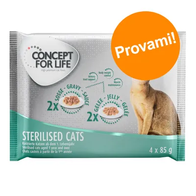 CONCEPT FOR LIFE STERILISED CATS, 4 x 85 g, 2x salsa, 2x gelatina. Testo visibile: Provami! Per gatti sterilizzati da 1 anno. Supporto vie urinarie, controllo peso, mantenimento muscolare.