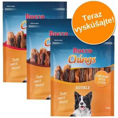 Rocco Chings Double Chicken with Liver, 200 g. Text: Double meat & pleasure!, Teraz vyskúšajte! Na obale obrázok psa. Viditeľné balenie so sušeným mäsom.