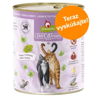 GranataPet DeliCATessen Paté Lamm & Truthahn, Teraz vyskúšajte! Bez obilnín, granátové jablko, lososový olej, zelená mušľa. Ilustrácia dvoch mačiek na obale.
