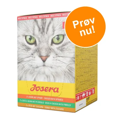 Josera multipack kattemad. 2 x kylling med spinat, 2 x and og kylling med persille, 2 x kalkun med zucchini. Prøv nu! står på orange cirkel.