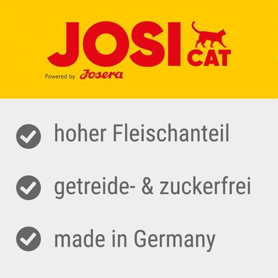 JosiCat powered by Josera. Alto contenuto di carne, senza cereali e zuccheri, made in Germany.