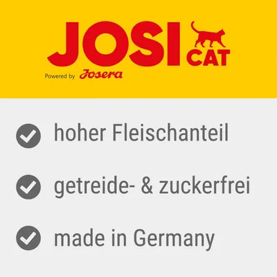 JosiCat powered by Josera. Hoher Fleischanteil, getreide- und zuckerfrei, made in Germany.
