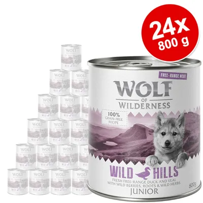 Wolf of Wilderness Wild Hills Junior våtfoder, 24 x 800 g. Text på burken: 100% grain-free recipe, fresh free-range duck and veal with wild berries, roots & wild herbs.