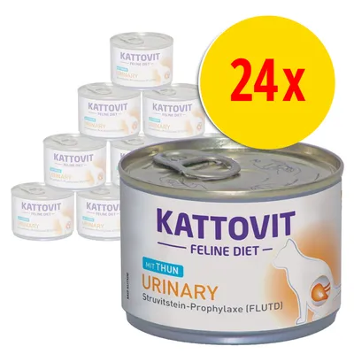 Kattovit Feline Diet Urinary mit Thun, Struvitstein-Prophylaxe (FLUTD), 24x dåser kattemad vist med tydelig tekst og illustration af kat på emballagen.