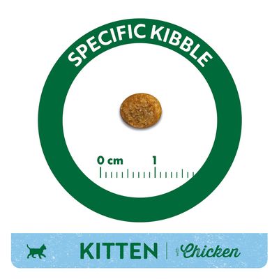 Single round kibble piece with size scale 0–1 cm, text 'SPECIFIC KIBBLE' above, and label below reading 'KITTEN with Chicken' beside cat icon.