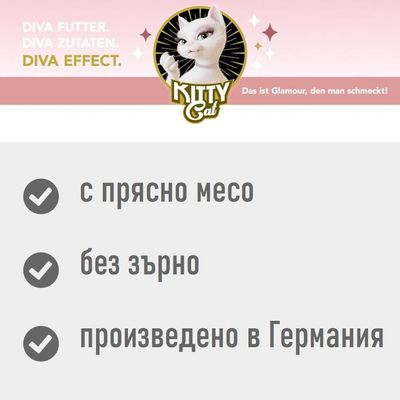 Kitty Cat пате с пиле, 24×400 г. Видими надписи: DIVA EFFECT, Huhn with chicken, 400 г netti. Илюстрация на бяла котка върху опаковката.