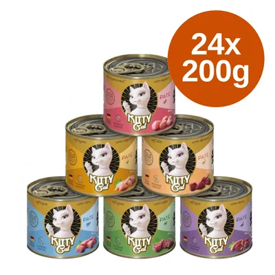 Kitty Gal cat food, 24x 200g cans, various varieties: chicken, duck, lamb, turkey, beef. No added sugar, made in Germany.