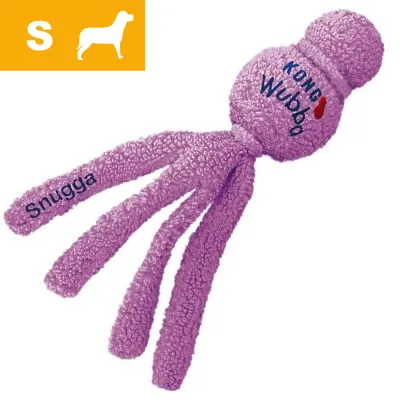 KONG Wubba Snugga -lelu, violetti, kangaspintainen, koko S. Teksti: 'Snugga' ja 'KONG Wubba'. Keltainen laatikko, jossa valkoinen koiran siluetti ja kirjain S. KONG Wubba Snugga -lelu, violetti, kangaspintainen, koko S. Teksti: 'Snugga' ja 'KONG Wubba'. Keltainen laatikko, jossa valkoinen koiran siluetti ja kirjain S.
