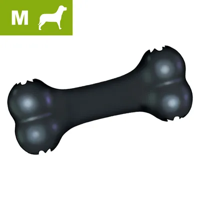 M-kokoinen musta koiran luun muotoinen lelu, materiaalina muovi. Vihreä laatikko vasemmassa yläkulmassa, jossa valkoinen M ja koiran siluetti. M-kokoinen musta koiran luun muotoinen lelu, materiaalina muovi. Vihreä laatikko vasemmassa yläkulmassa, jossa valkoinen M ja koiran siluetti.