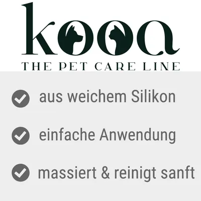 kooa THE PET CARE LINE. Tekst na njemačkom: aus weichem Silikon, einfache Anwendung, massiert & reinigt sanft.