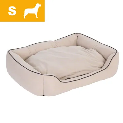 Béžový pelíšek pro psy, velikost S zobrazená v levém horním rohu s ikonou psa.