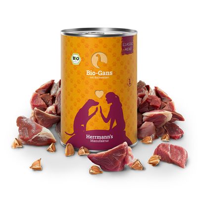 Herrmann's Manufaktur organic goose with buckwheat, Classic Menu. Complementary food for dogs, organic certified DE-ÖKO-006.
