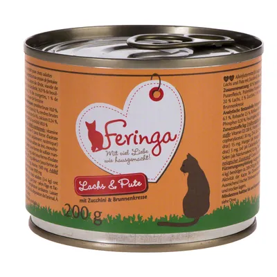 Konzerva Feringa Lachs & Pute mit Zucchini & Brunnenkresse, 200 g. Text: Mit viel Liebe wie hausgemacht! Obraz siluety kočky na oranžovém obalu.