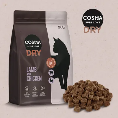 Cosma Pure Love Dry Adult Katzenfutter, Lamm und Huhn, luftgetrocknet, 100% getreidefrei, hoher Fleischanteil, frisches Fleisch, nur ausgewählte Zutaten.