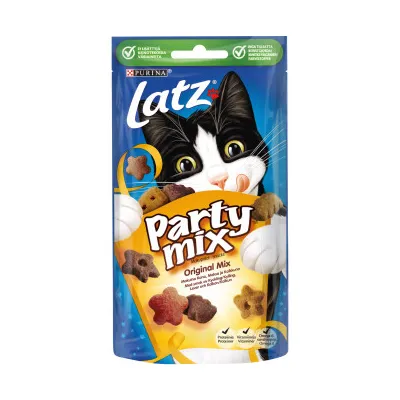 Purina Latz Party Mix Original Mix kattegodbidder, synlige stykker i forskellige former og farver. Tekst: Original Mix, proteiner, vitaminer, mineraler.