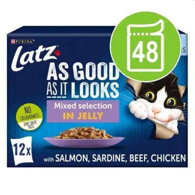 Purina Latz As Good As It Looks Mixed selection in jelly, 48 portions. Med lax, sardiner, nötkött, kyckling. Ingen färgämne. 12x förpackningar synliga på bilden.