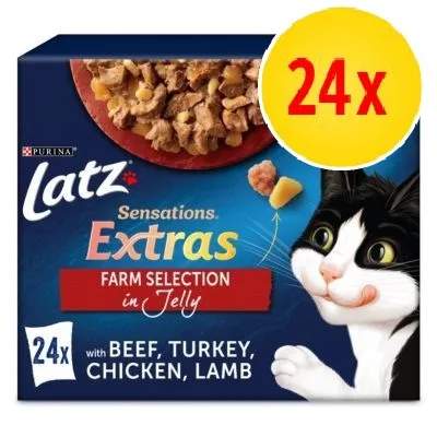 Purina Latz Sensations Extras Farm Selection in Jelly, 24x portions med nötkött, kalkon, kyckling och lamm. Förpackning visar bitar i gelé och tecknad katt.