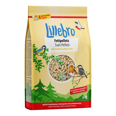 Опаковка Lillebro Fettpellets Suet Pellets mit Insekten, 3 кг. Видими са пелети и илюстрации на птици. Текст: 4 Jahreszeiten seasons, Ambrosia controlled. Информация на немски и английски.