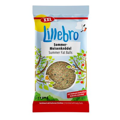 Lillebro Sommer-Meisenknödel Summer Fat Balls XXL, 2 x 500 g. Op Ambrosia gecontroleerd. Verrijkt met lekkere vruchten. Tekst deels in het Duits en Engels.