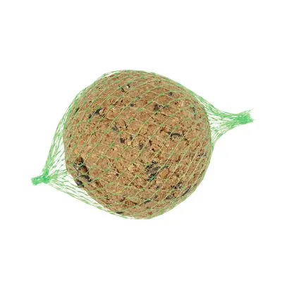 Bola de alimento graso en red verde, visible con granos y semillas.