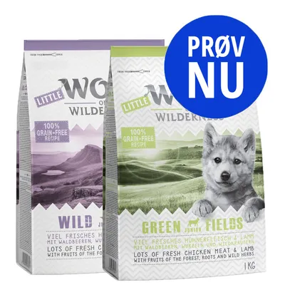 To poser Little Wolf of Wilderness kattefoder, varianter Wild og Green Fields, 100% grain-free recipe. Stor blå cirkel med teksten PRØV NU. To poser Little Wolf of Wilderness kattefoder, varianter Wild og Green Fields, 100% grain-free recipe. Stor blå cirkel med teksten PRØV NU.