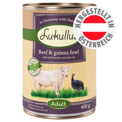 Lukullus Beef & guinea fowl mit Waldbeeren und Olivenöl, Adult, 400 g. Hergestellt in Österreich. Ursprünglicher Geschmack. Lukullus Beef & guinea fowl mit Waldbeeren und Olivenöl, Adult, 400 g. Hergestellt in Österreich. Ursprünglicher Geschmack.
