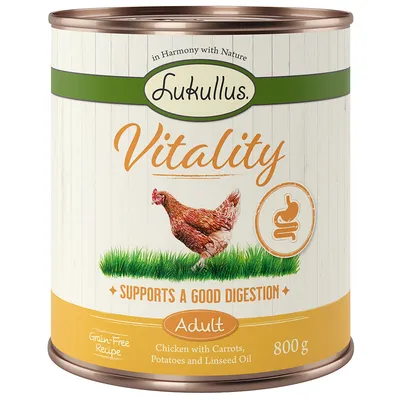 Lukullus Vitality Adult, 800g dåse. Kornfri opskrift med kylling, gulerødder, kartofler og hørfrøolie. Understøtter god fordøjelse.