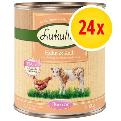 Lukullus Huhn & Kalb Junior, 800 g. Extra calcium & phosphorus. Confezione da 24x. Testo in tedesco: mit Haferflocken, Möhre und Leinöl.