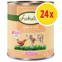 Lukullus Huhn & Kalb Junior, 800 g. Extra calcium & phosphorus. Confezione da 24x. Testo in tedesco: mit Haferflocken, Möhre und Leinöl.