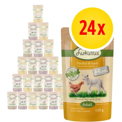 Multipack of 24 Lukullus Mini Adult poultry and lamb pouches, each 150g, for small dogs up to 10kg. Packaging shows poultry and lamb with potatoes and hemp oil. Multipack of 24 Lukullus Mini Adult poultry and lamb pouches, each 150g, for small dogs up to 10kg. Packaging shows poultry and lamb with potatoes and hemp oil.