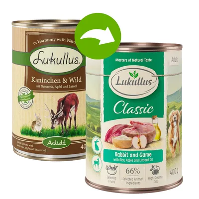 Lukullus Kaninchen & Wild, Adult, cu orez natural, măr și ulei de in. Lukullus Classic Rabbit and Game, 66% ingrediente de origine animală, fructe selectate, uleiuri de calitate, 400g.
