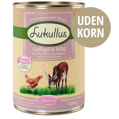 Lukullus Geflügel & Wild, mit Süßkartoffeln, Heidelbeeren und Sonnenblumenöl, Extra calcium & phosphorus, Junior, 400 g, UDEN KORN. Tekst på tysk og engelsk.