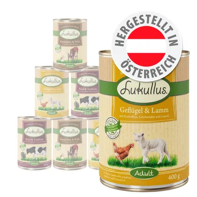 Lukullus Geflügel & Lamm Adult, 400g Dose mit Aufschrift 'Hergestellt in Österreich', weitere Sorten Kaninchen & Wild, Rind & Truthahn sichtbar.