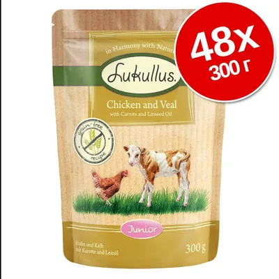 Lukullus Chicken and Veal with Carrots and Linseed Oil, Junior, 48×300 г. Видим етикет: grain-free recipe. Опаковка с илюстрация на пиле и теле.