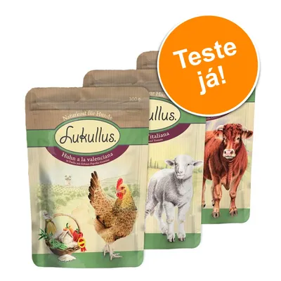 Três embalagens de comida para cães Lukullus, variedades visíveis: Huhn a la valenciana, Ricetta italiana. Selo laranja com texto: Teste já!